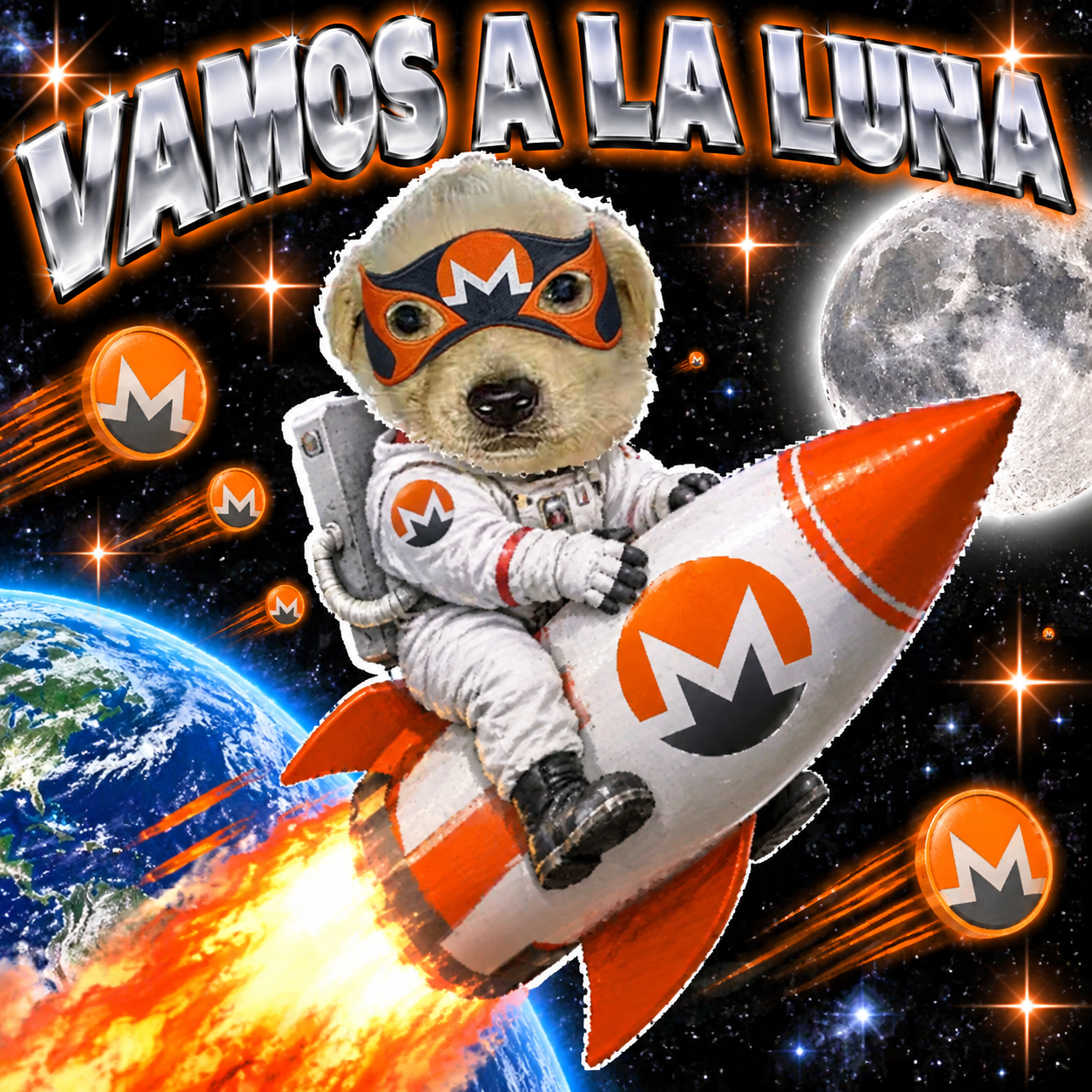 Vamos a la luna. Perro riding a rocket